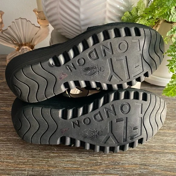 FLY LONDON Yeba Black Suede Ankle Strap Wedges Shoes Womens EU38 US 7.5 - 8 - Picture 9 of 13